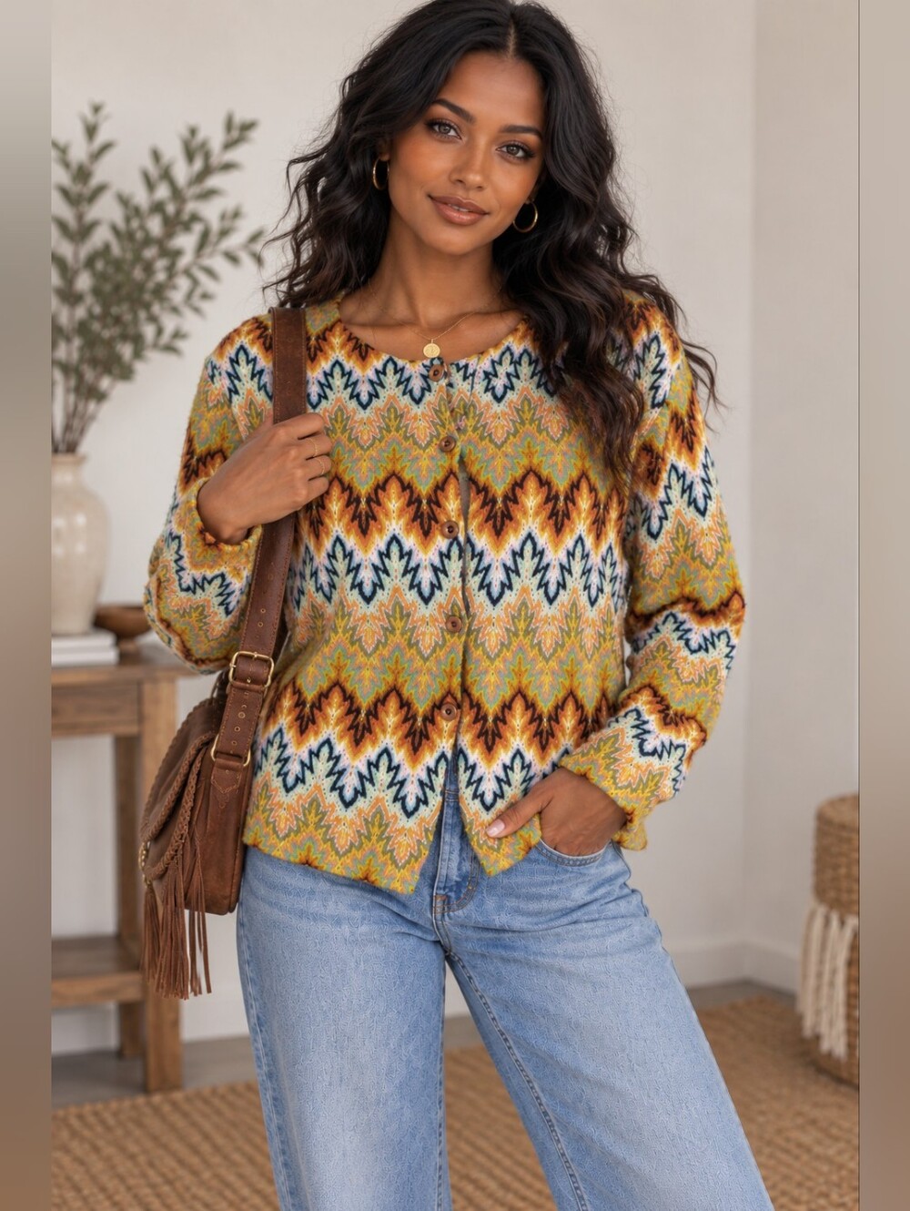 Vintage 70s Made in Japan Geometric Knit Sweater Multicolor Hippie Boho M
